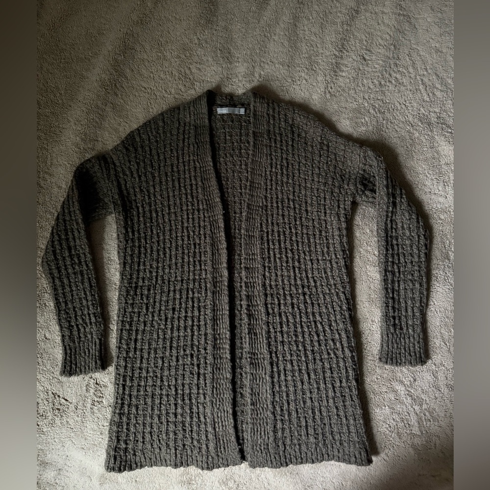 Vince Long Open-Front Ribbed Cardigan in Dark Brown